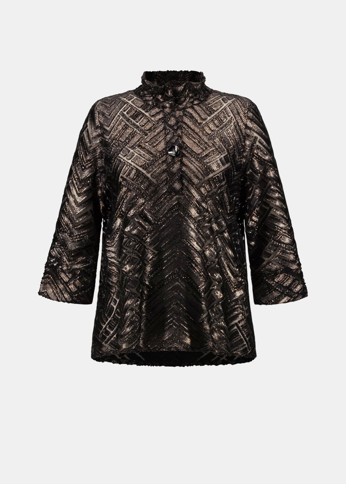 Women's trapeze jacket with stand collar, button front, black and bronze geometric burnout