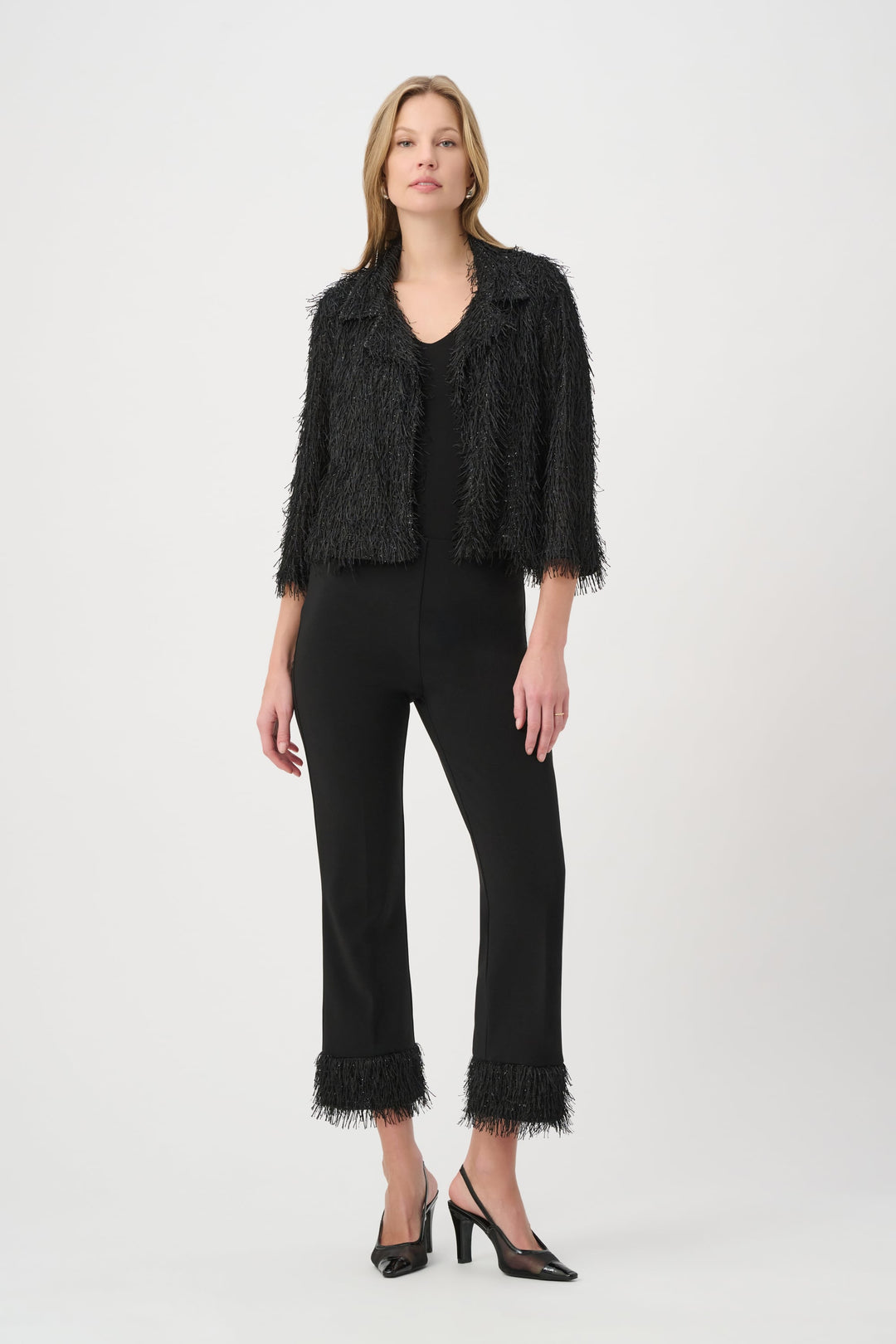 Black fringed short jacket with V-neck and quarter-length fringe sleeves