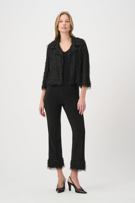 Black fringed short jacket with V-neck and quarter-length fringe sleeves
