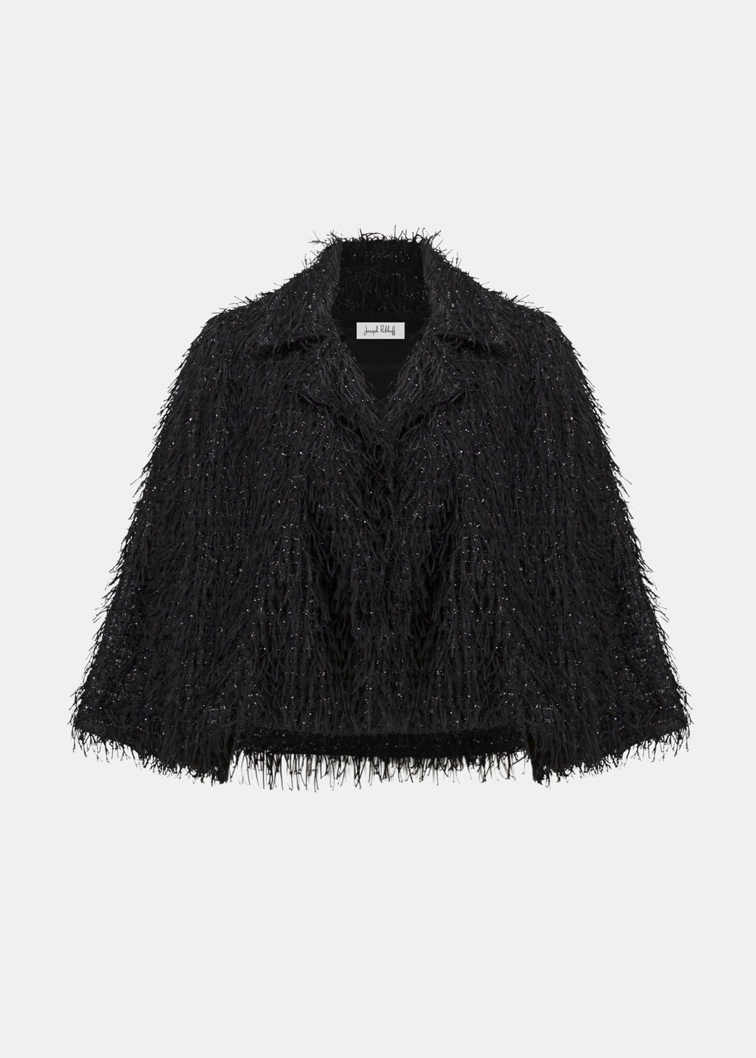 Black fringed short jacket with V-neck and open front