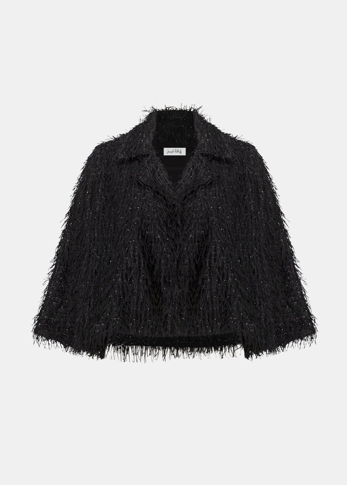 Black fringed short jacket with V-neck and open front