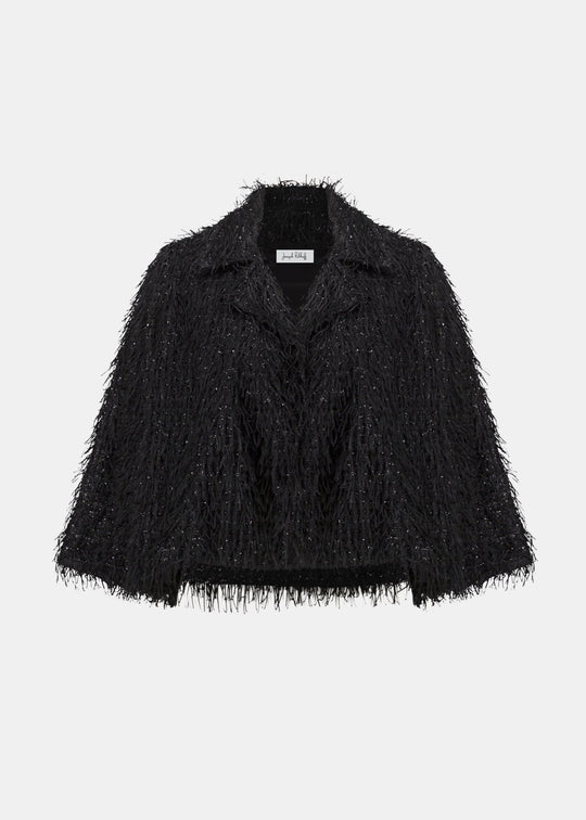 Black fringed short jacket with V-neck and open front