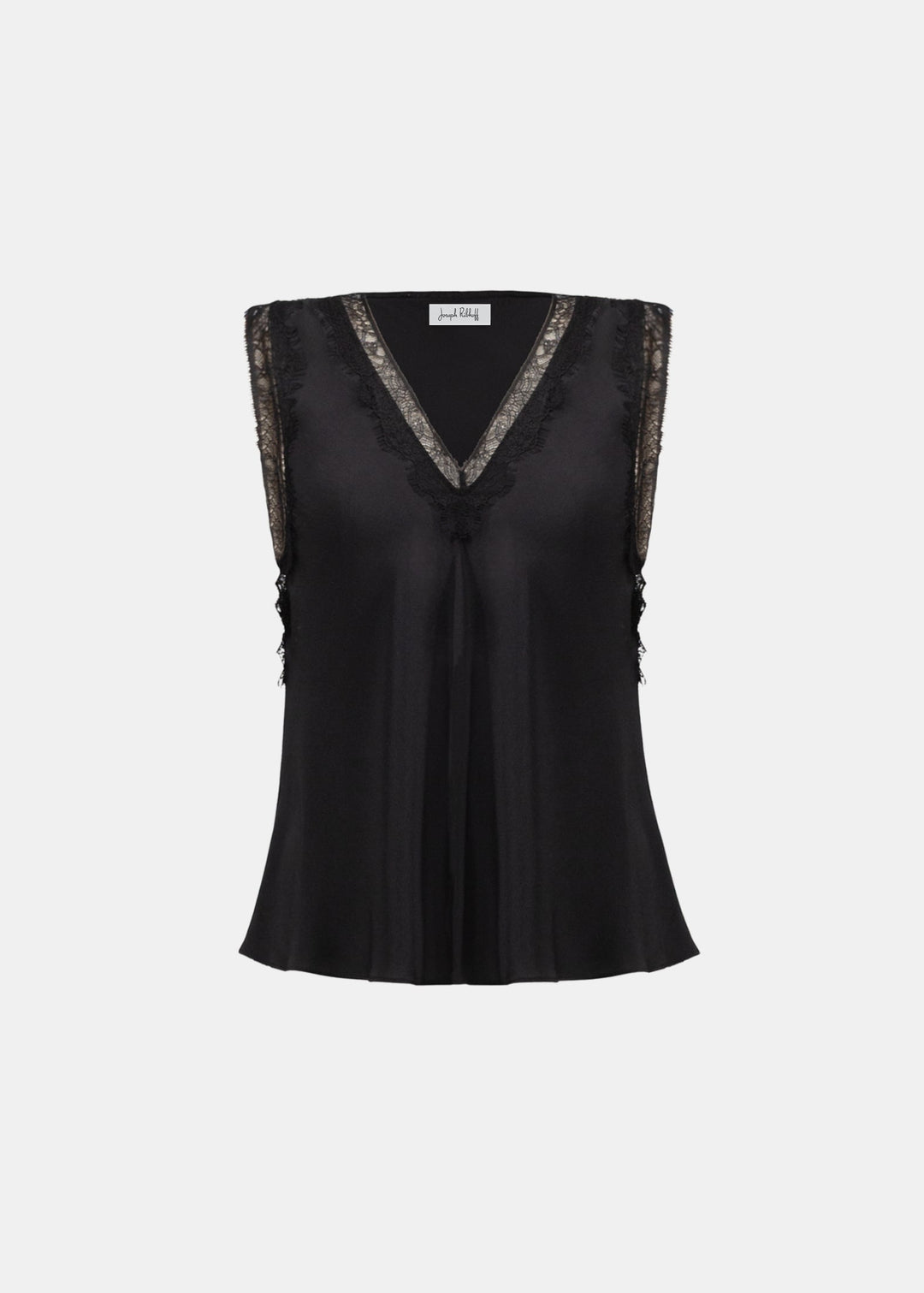 Black satin sleeveless tank top with V-neck and lace-trim neckline