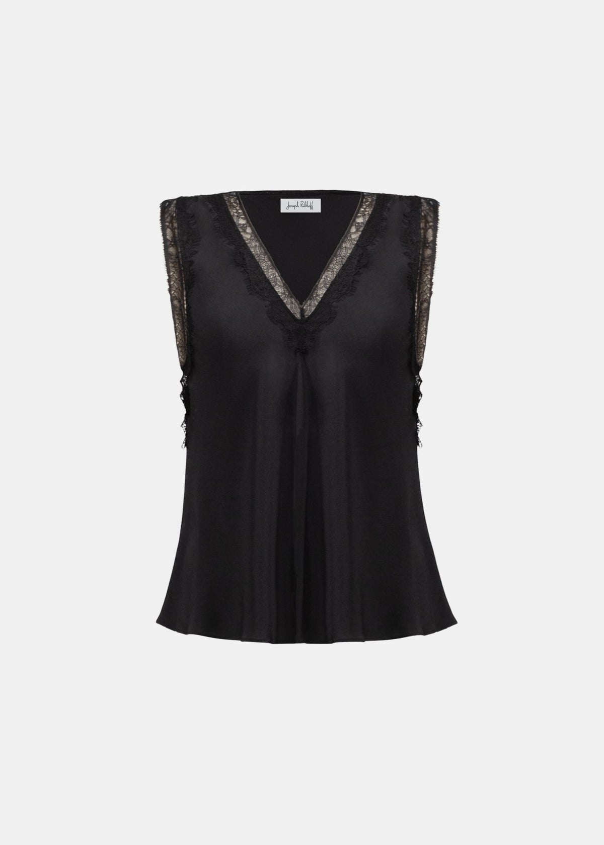 Black satin sleeveless tank top with V-neck and lace-trim neckline