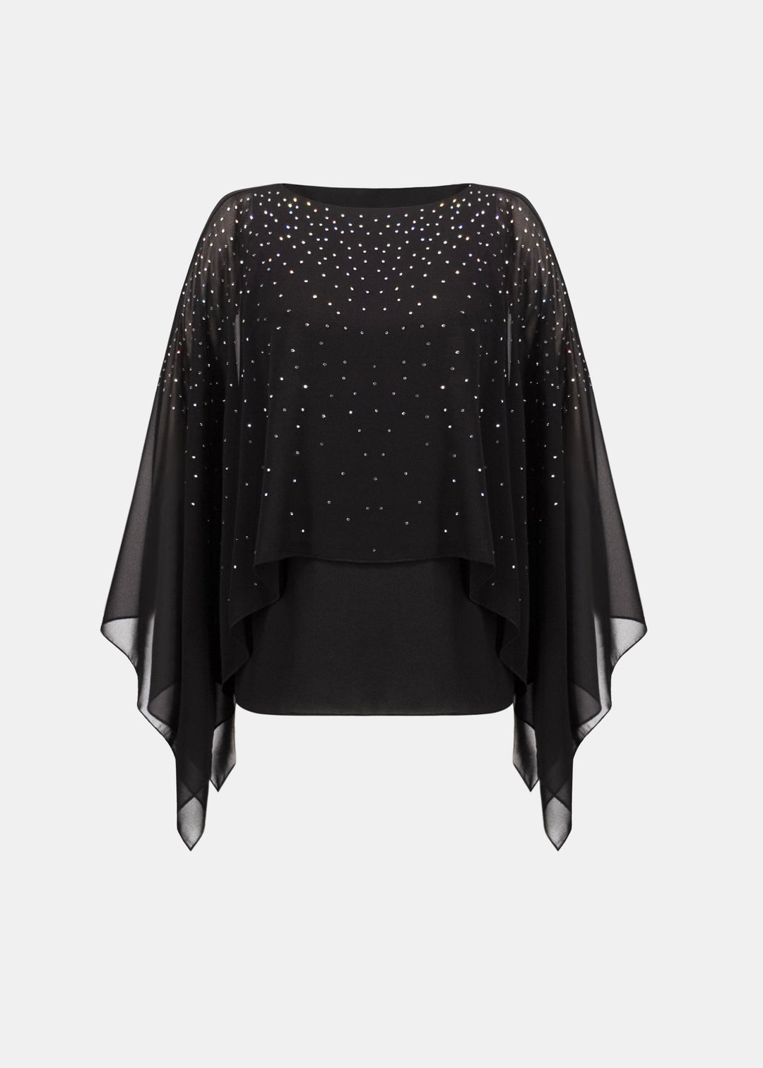 Rhinestone-embellished black poncho with draped sleeves and layered front hem