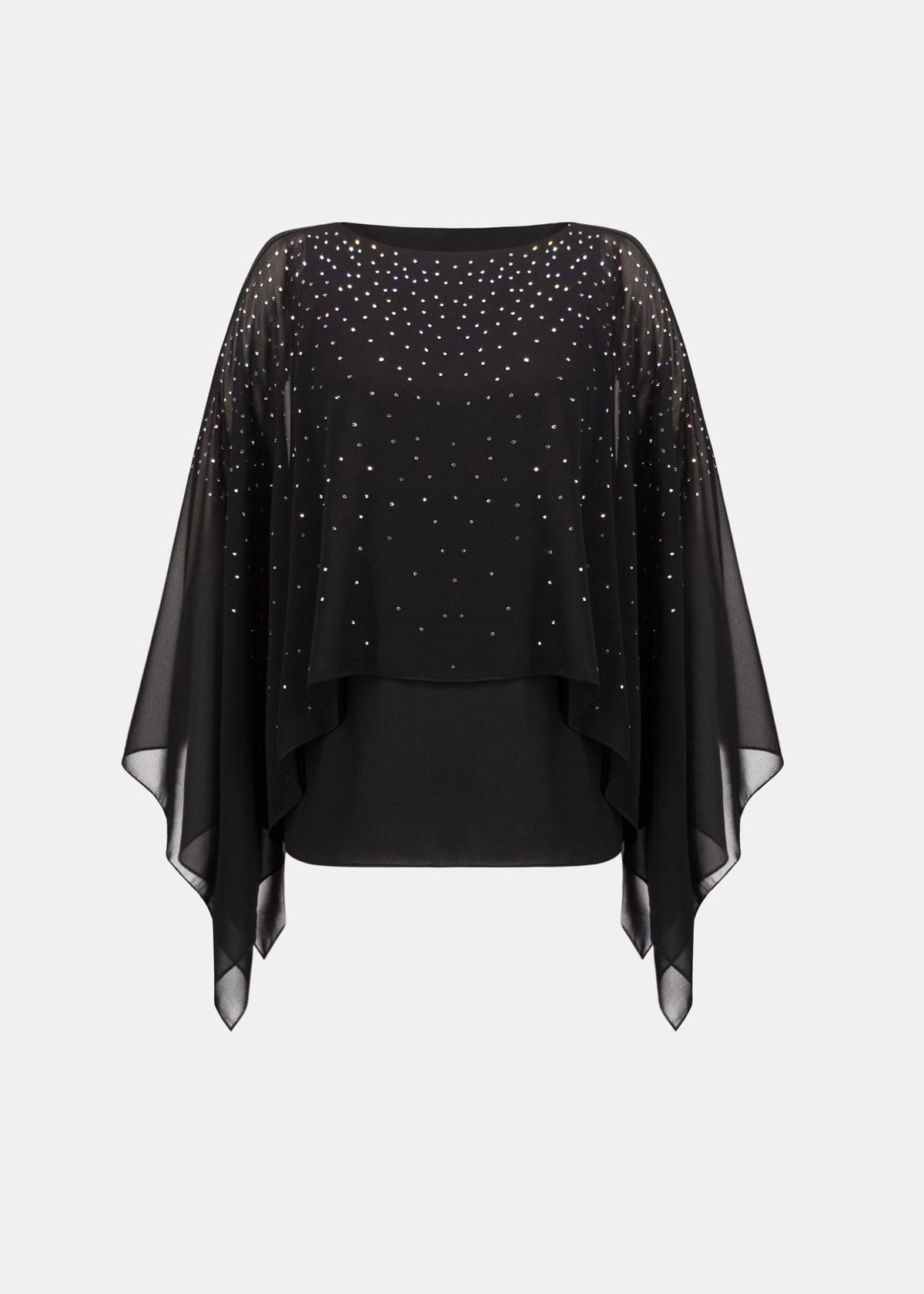 Rhinestone-embellished black poncho with draped sleeves and layered front hem
