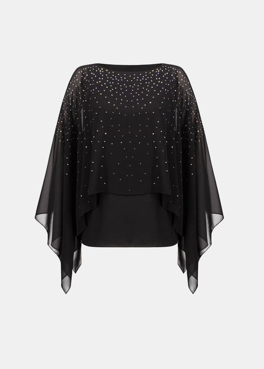 Rhinestone-embellished black poncho with draped sleeves and layered front hem
