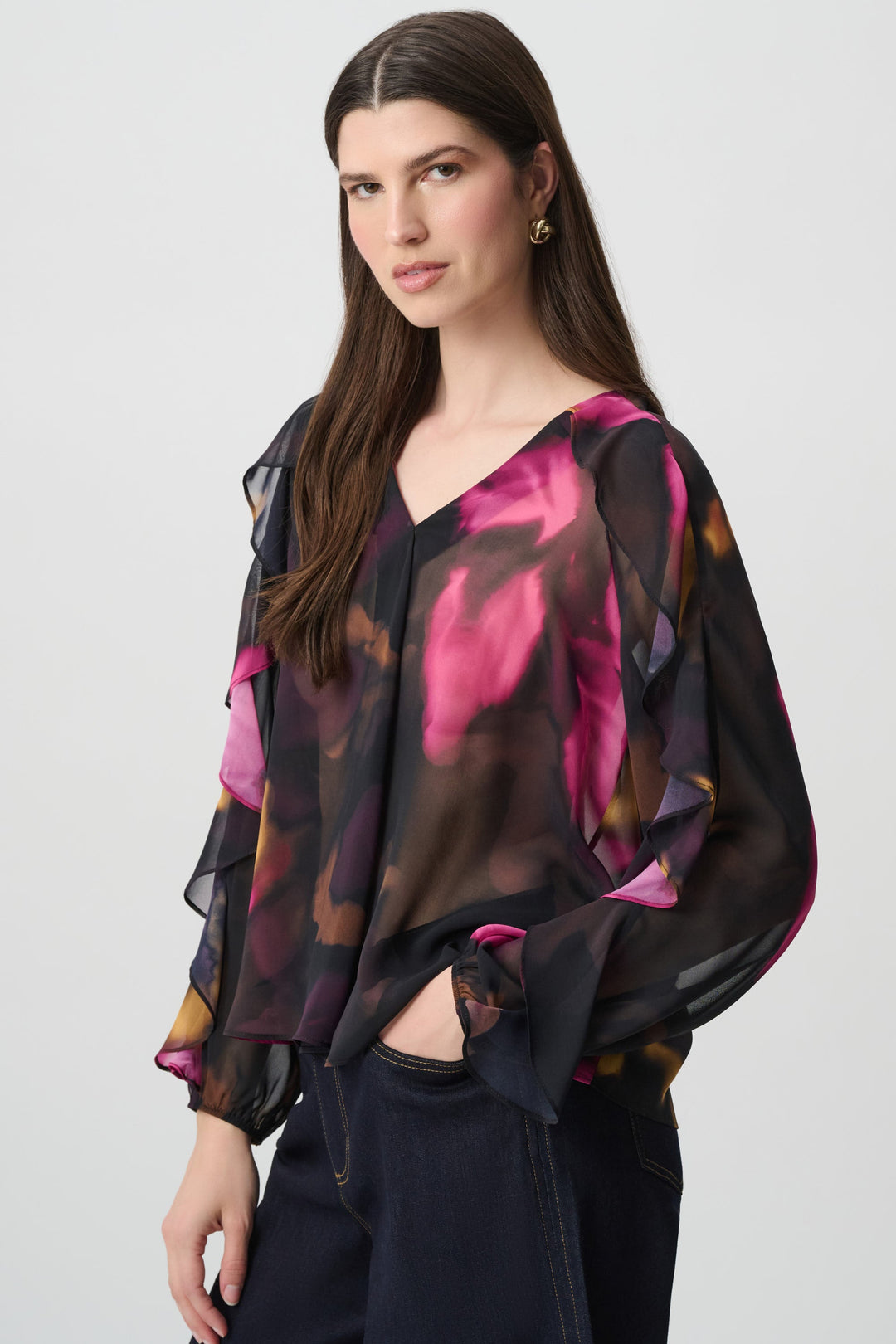 Joseph Ribkoff floral chiffon V-neck ruffle top in black and pink multi print on model