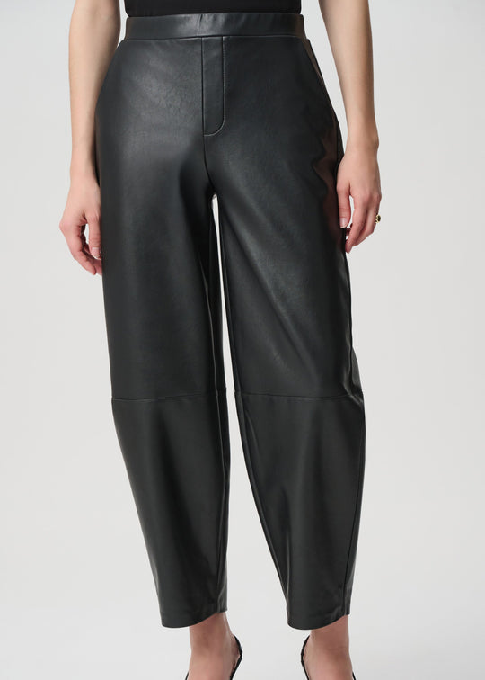 Joseph Ribkoff black leatherette barrel leg pants styled with black heels