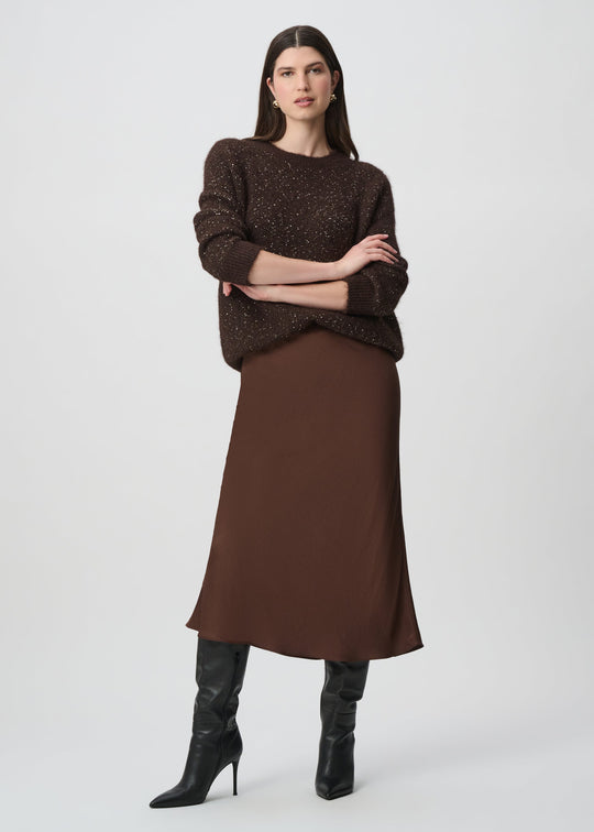 Joseph Ribkoff satin flared midi skirt in mahogany brown worn with matching sweater and black boots