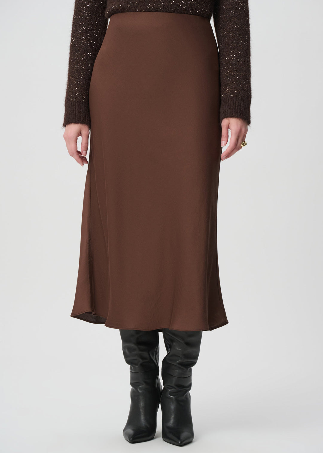Joseph Ribkoff satin flared midi skirt in mahogany brown, styled with black knee-high boots