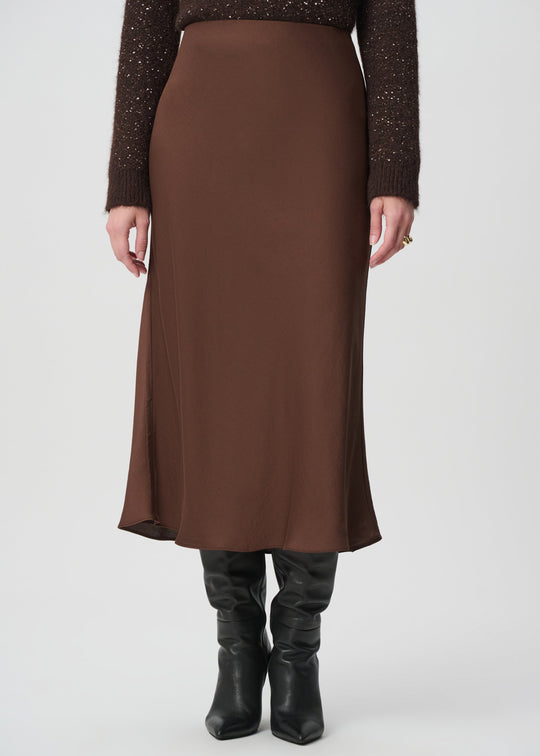 Joseph Ribkoff satin flared midi skirt in mahogany brown, styled with black knee-high boots