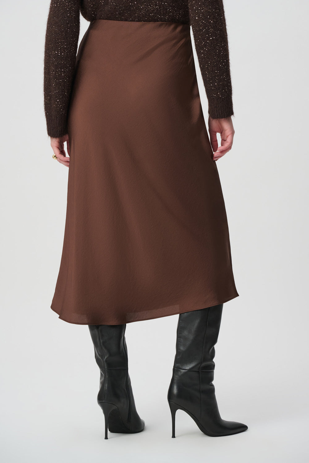 Joseph Ribkoff satin flared midi skirt in mahogany brown, styled with black knee-high boots