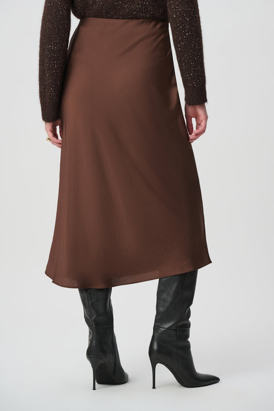 Joseph Ribkoff satin flared midi skirt in mahogany brown, styled with black knee-high boots