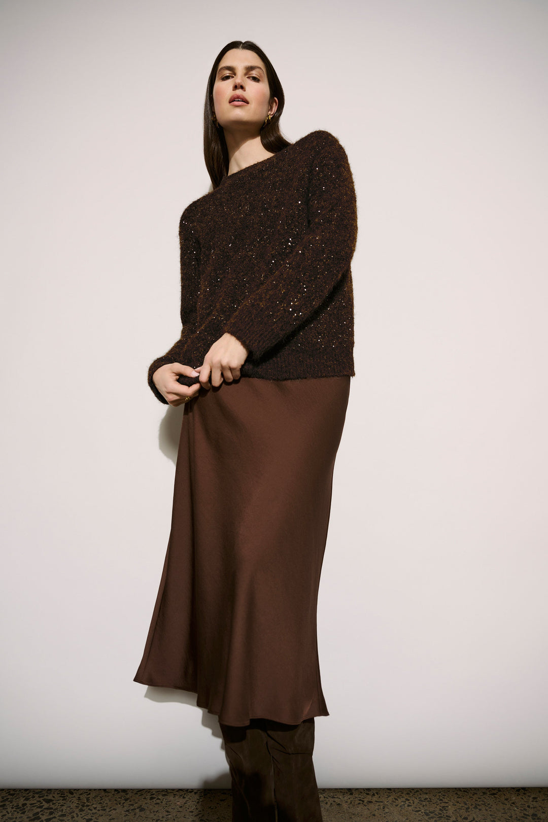 Joseph Ribkoff satin flared midi skirt in mahogany brown, styled with matching sweater
