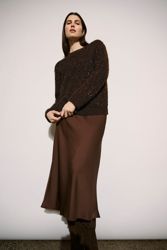 Joseph Ribkoff satin flared midi skirt in mahogany brown, styled with matching sweater