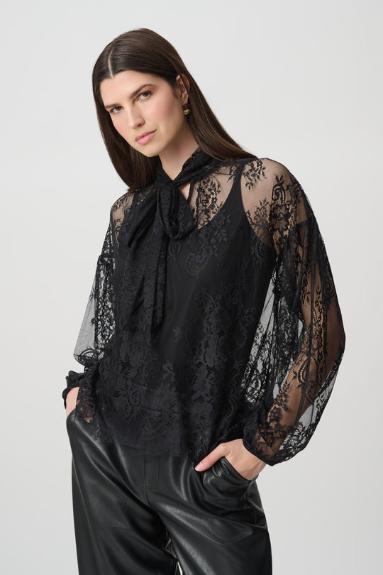 Joseph Ribkoff black lace bow neck blouse with camisole worn by model