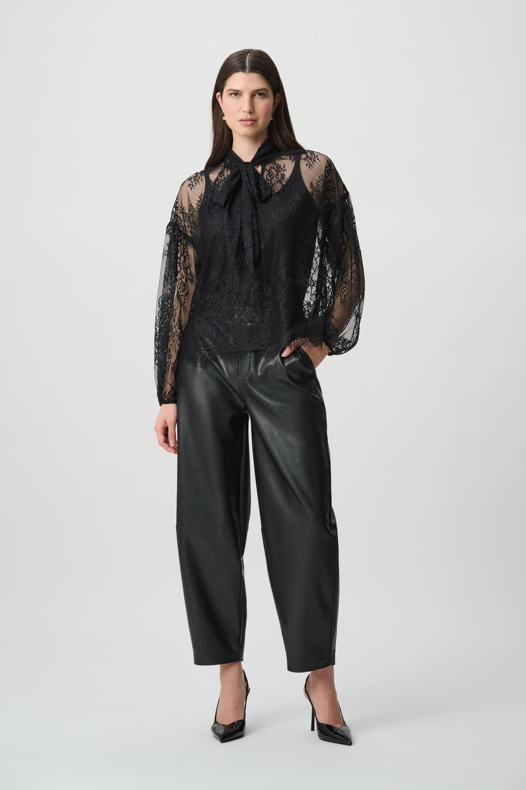 Joseph Ribkoff black lace bow neck blouse with camisole and sheer balloon sleeves