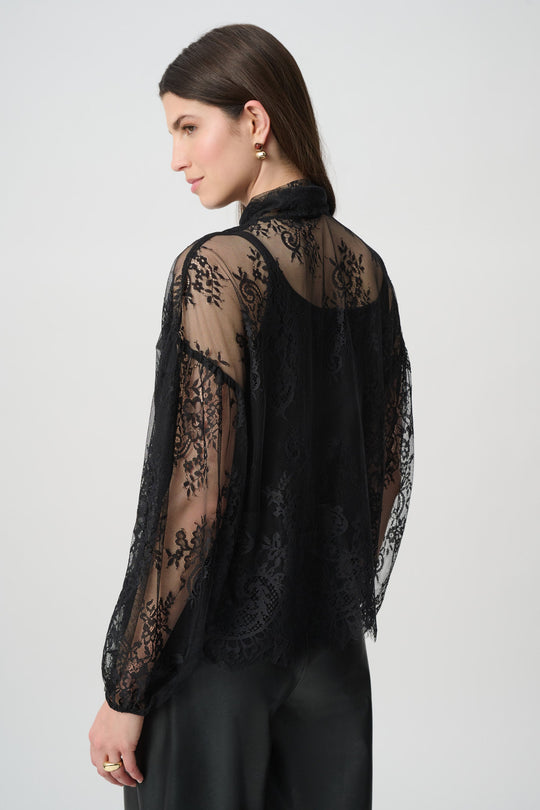 Joseph Ribkoff black lace bow neck blouse with camisole, back view on model