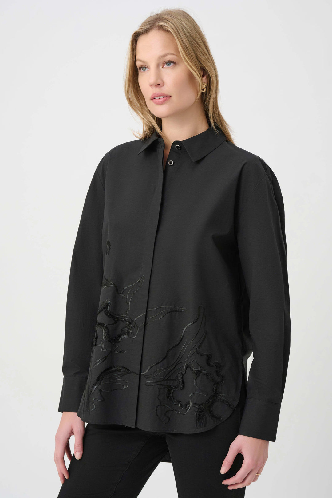 Joseph Ribkoff black embroidered button-down shirt with button front and collar