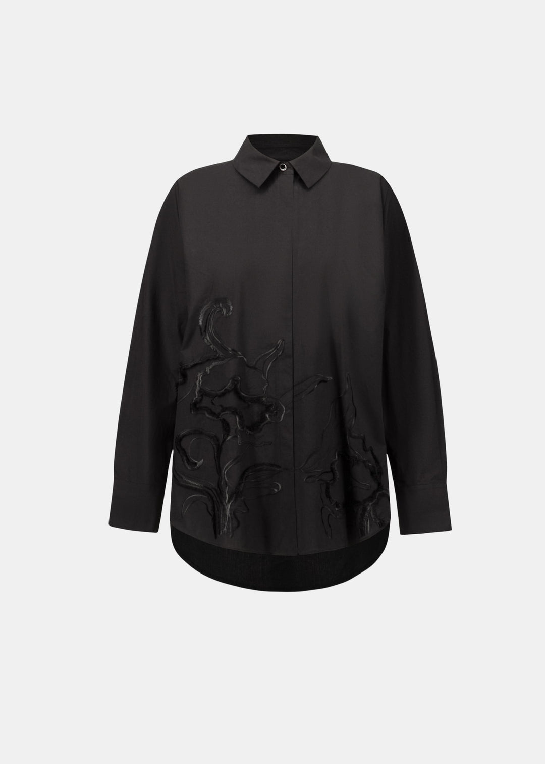 Black embroidered button-down shirt with point collar and long sleeves