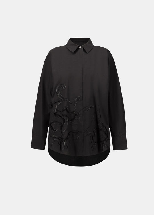 Black embroidered button-down shirt with point collar and long sleeves