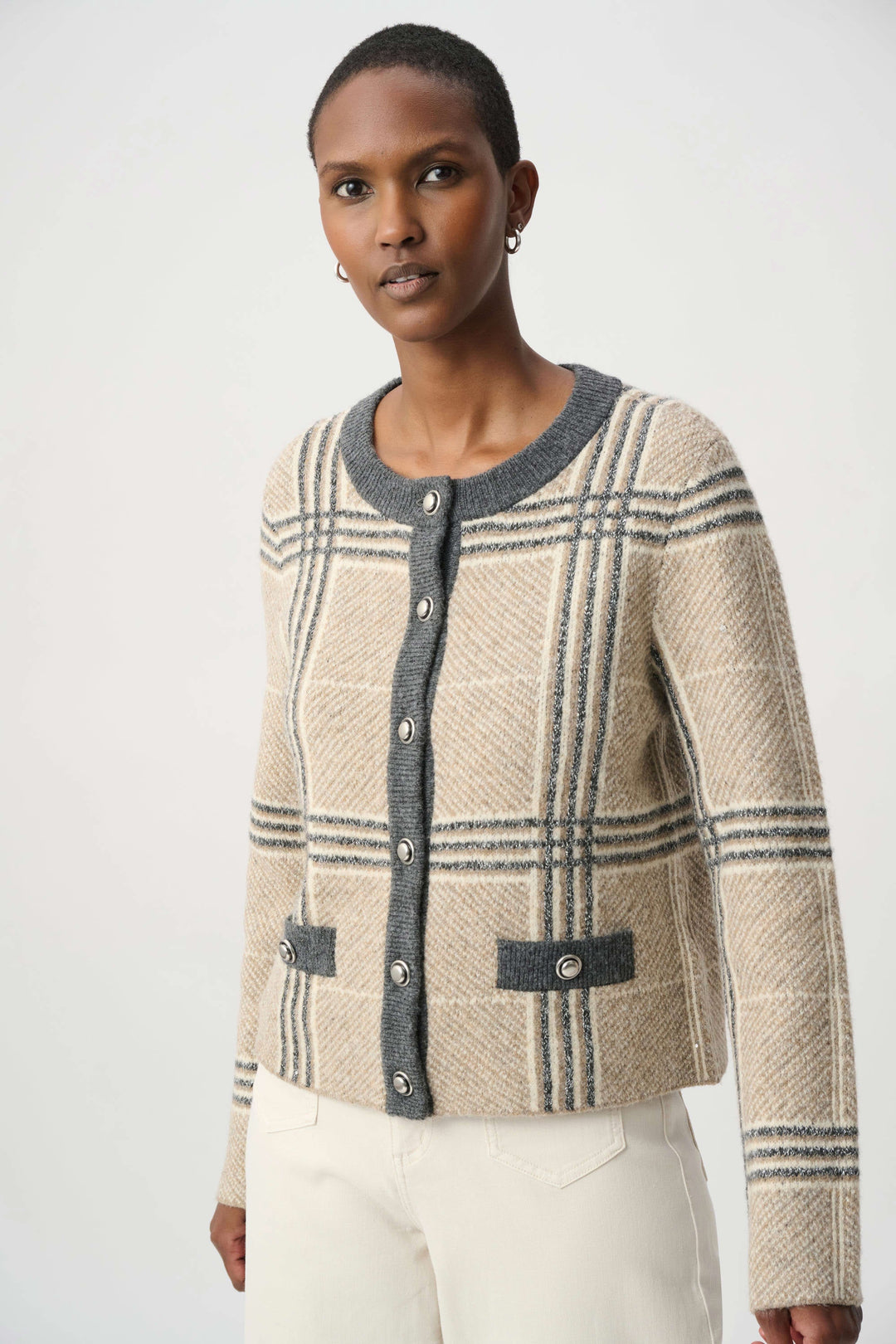 Plaid knit jacket in oatmeal and gray, button-front, long sleeves, patch pockets