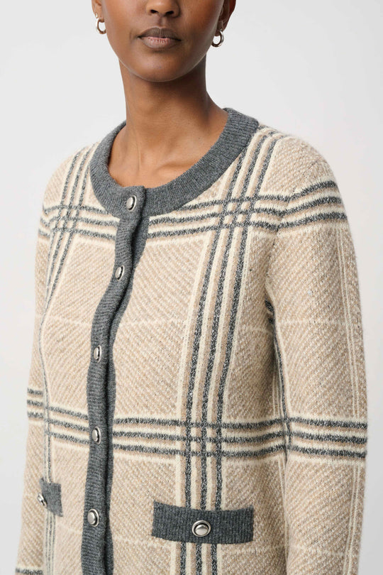 Plaid knit jacket in oatmeal with gray stripes, button-front and chest patch pockets