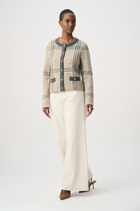 Plaid knit jacket with gray button placket, oatmeal base, long sleeves and patch pockets