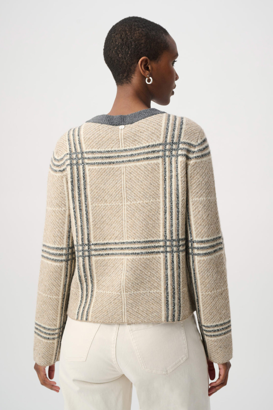 Plaid knit jacket back view, gray striped square pattern, long sleeves
