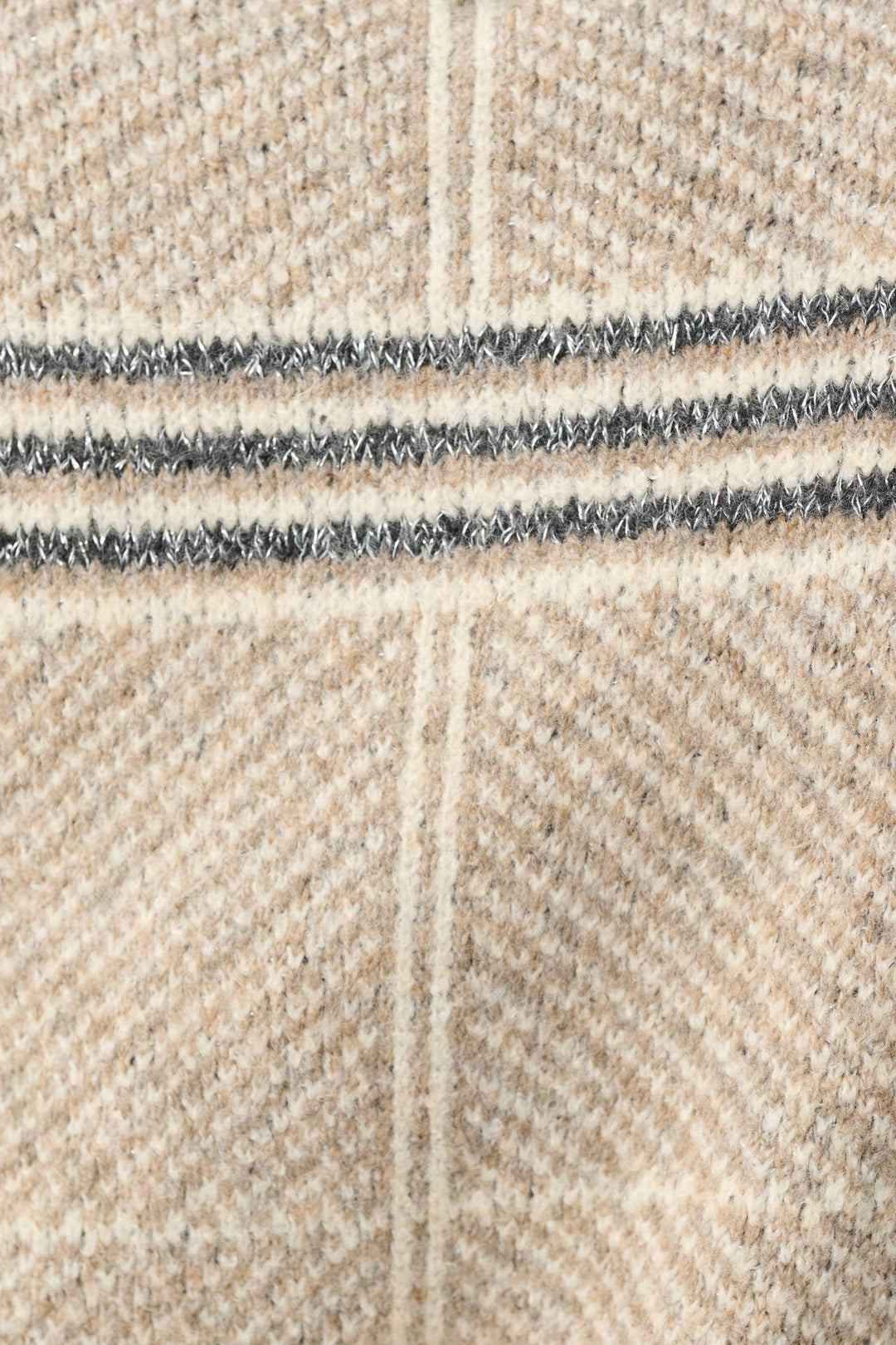 Oatmeal knit fabric with gray plaid stripes and ribbed trim
