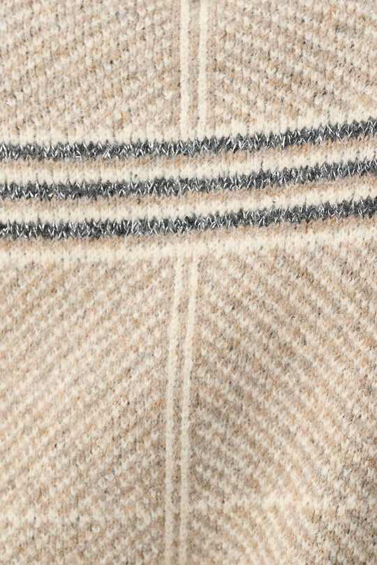 Oatmeal knit fabric with gray plaid stripes and ribbed trim