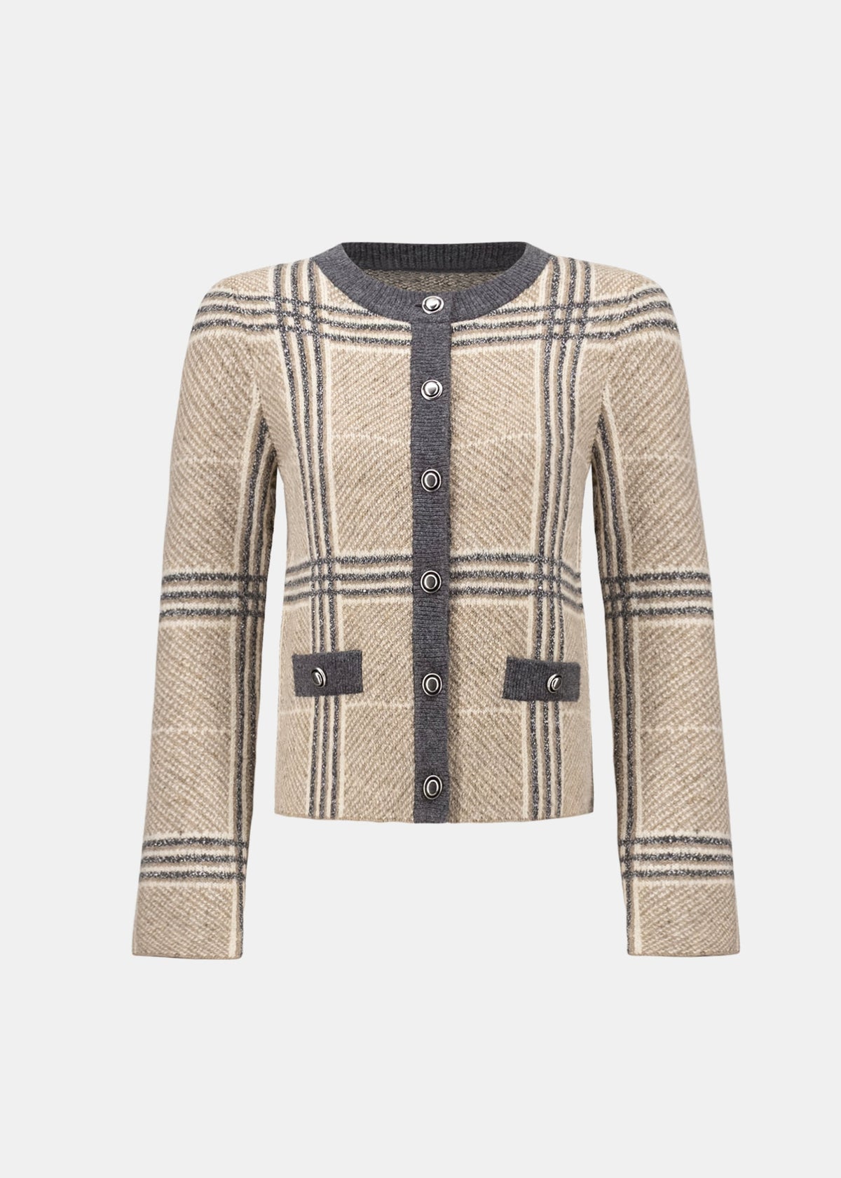 Plaid knit jacket, oatmeal and gray, button-front, patch pockets, long sleeves
