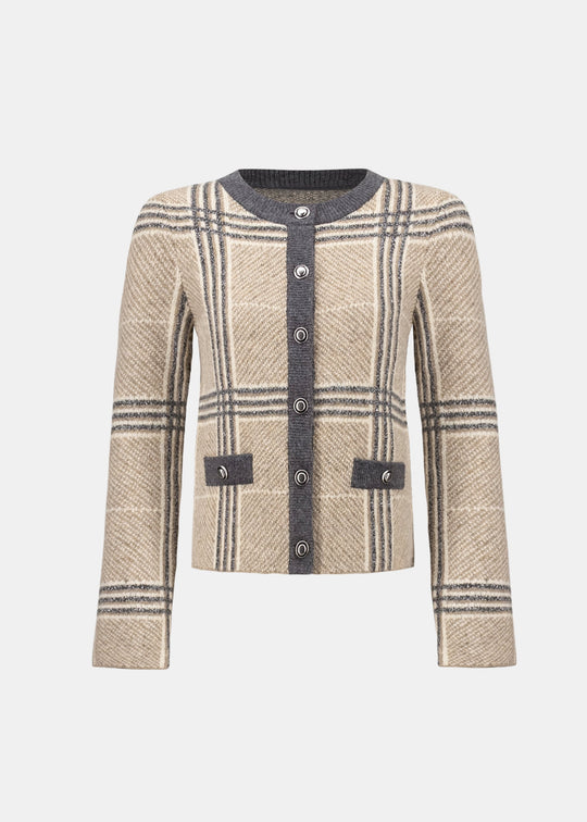 Plaid knit jacket, oatmeal and gray, button-front, patch pockets, long sleeves