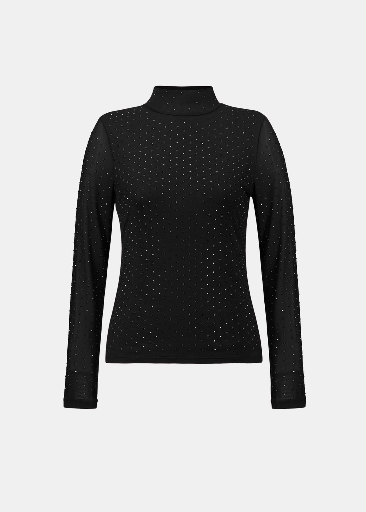 Black mesh long-sleeve top with rhinestone dot pattern and mock neck, flat