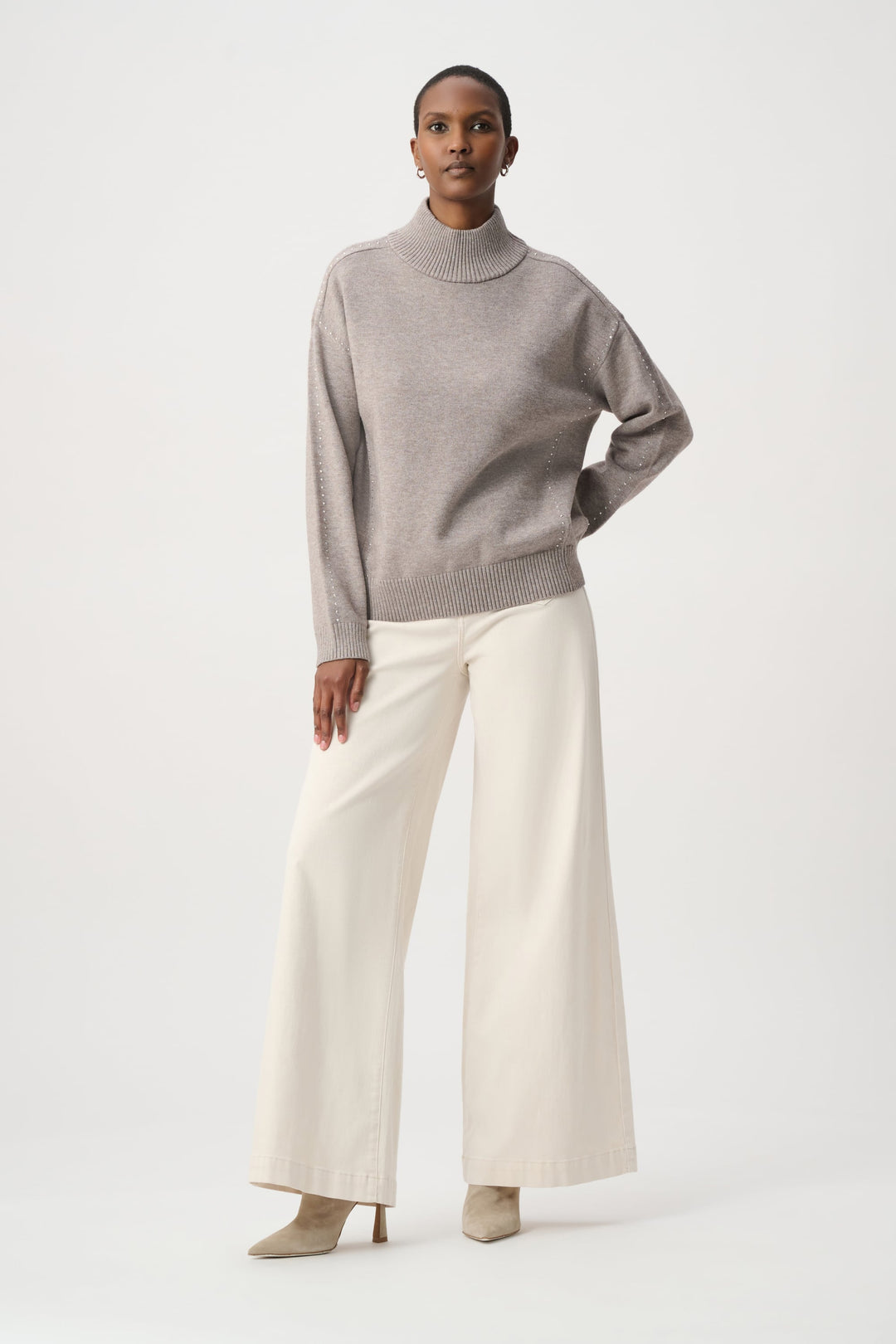 Taupe turtleneck knit sweater with long sleeves and ribbed cuffs
