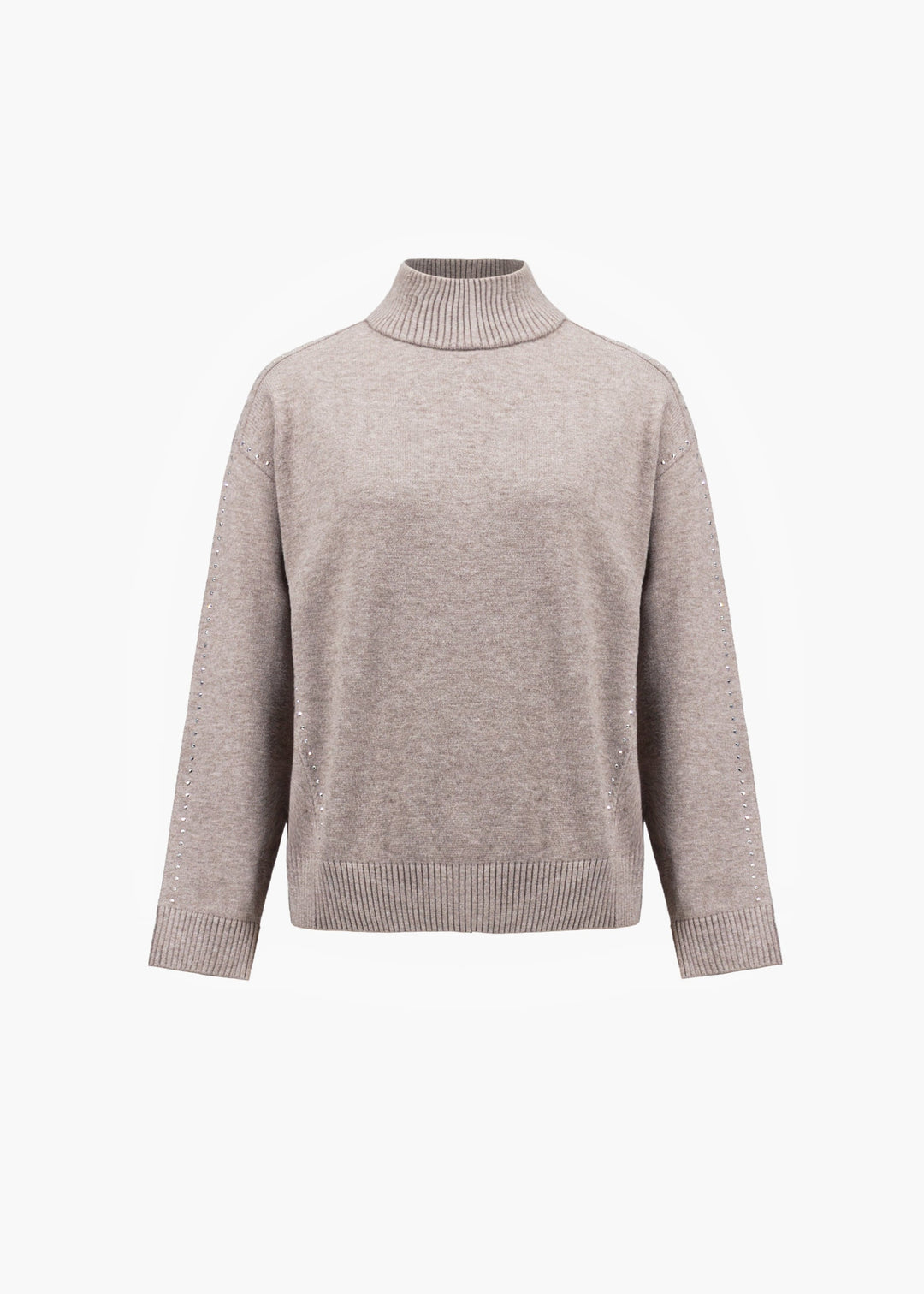 Taupe turtleneck knit sweater with long sleeves and ribbed cuffs and hem