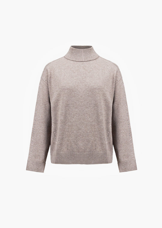 Taupe turtleneck knit sweater with long sleeves and ribbed cuffs and hem