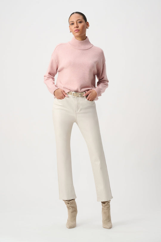 Soft blush embellished turtleneck sweater, long sleeve, ribbed knit hem and cuffs