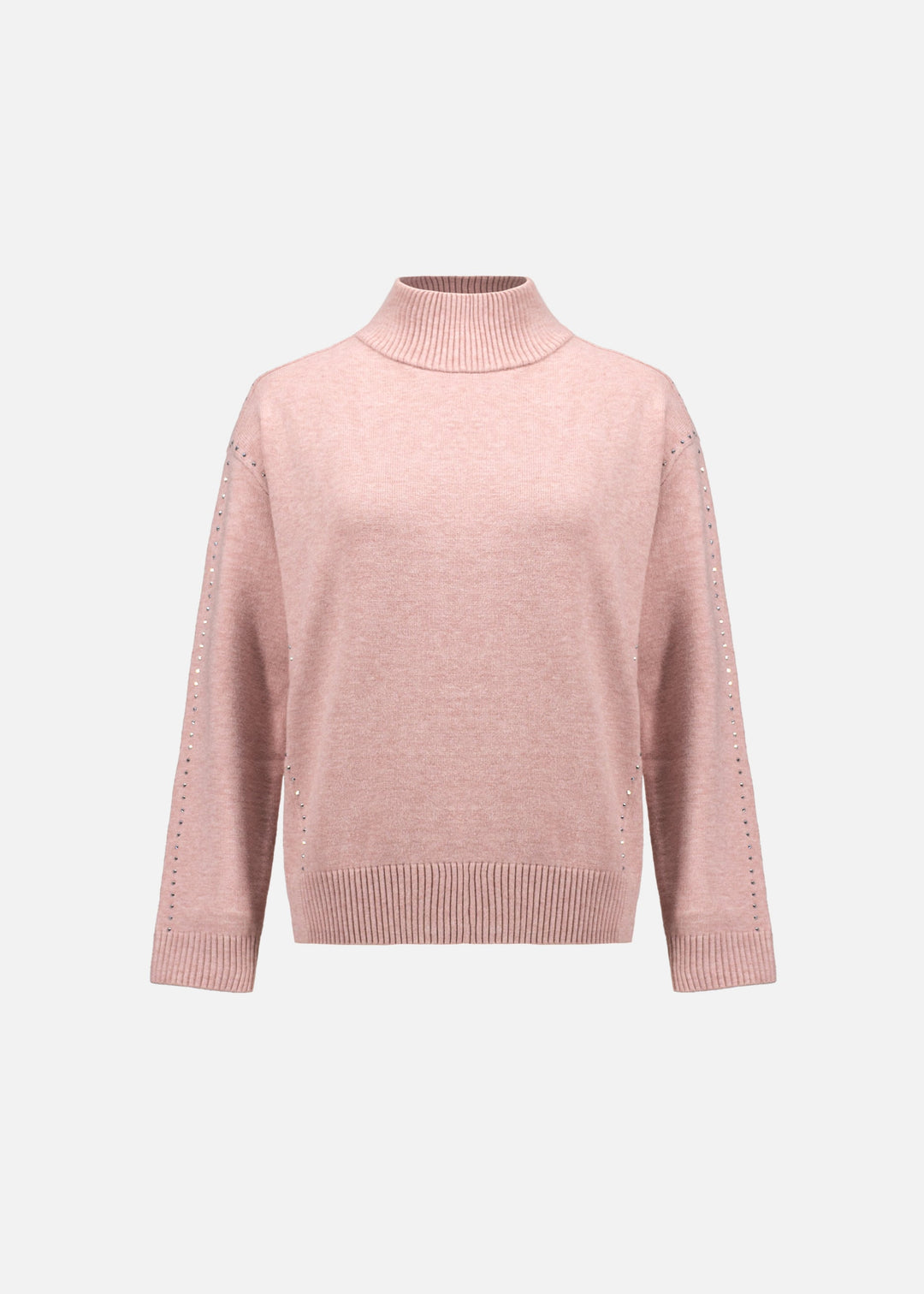 Soft blush embellished turtleneck sweater, front view with studded sleeves