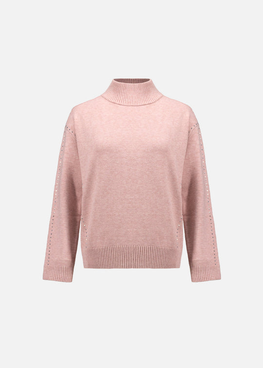 Soft blush embellished turtleneck sweater, front view with studded sleeves