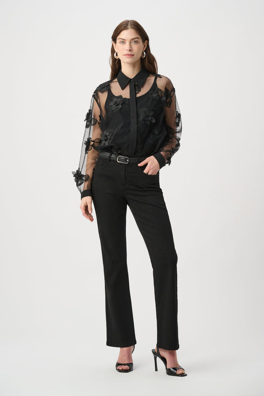 Joseph Ribkoff sheer black blouse with floral appliqué and long sleeves