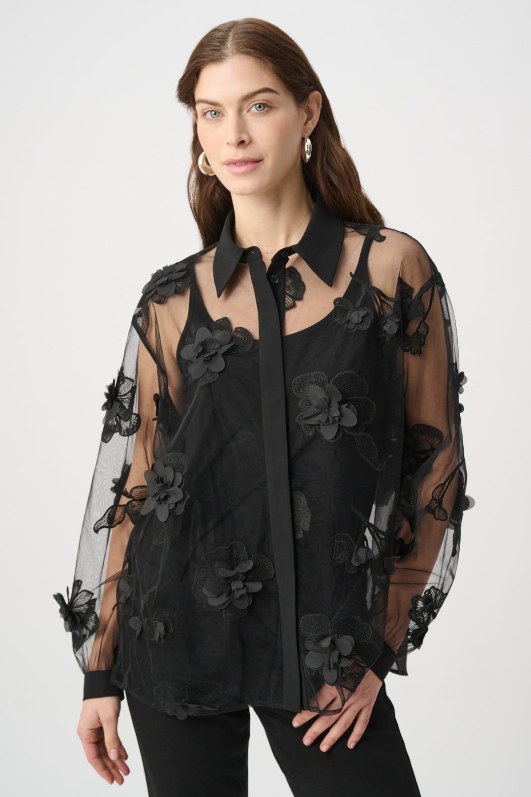 Joseph Ribkoff black sheer blouse with floral appliqué and long sleeves