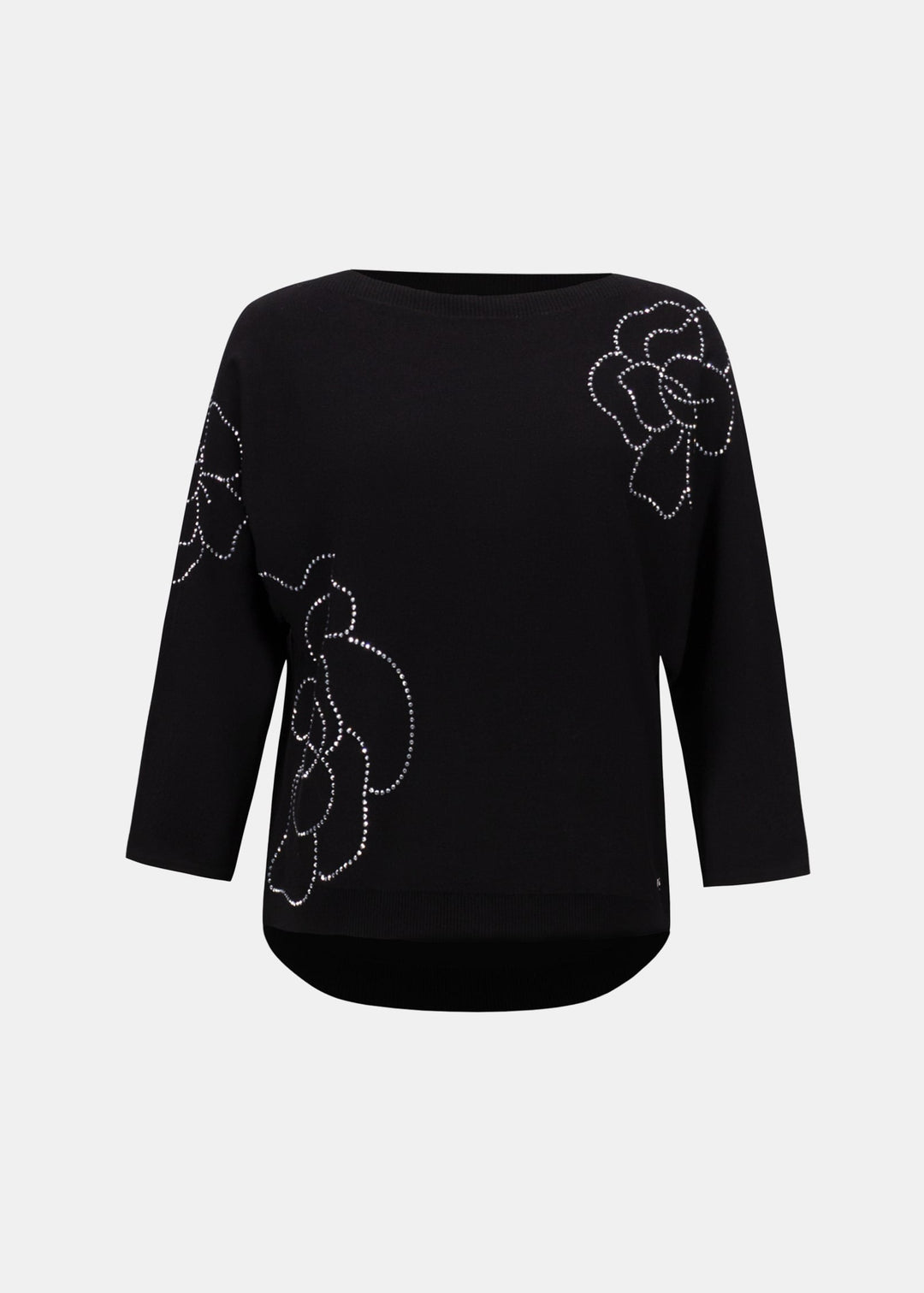 Black pullover sweater flat back view with rhinestone flower applique