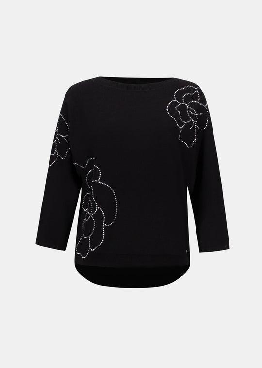 Black pullover sweater flat back view with rhinestone flower applique