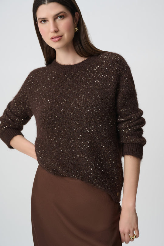 Joseph Ribkoff mahogany sequin yarn crewneck sweater worn by model with brown skirt