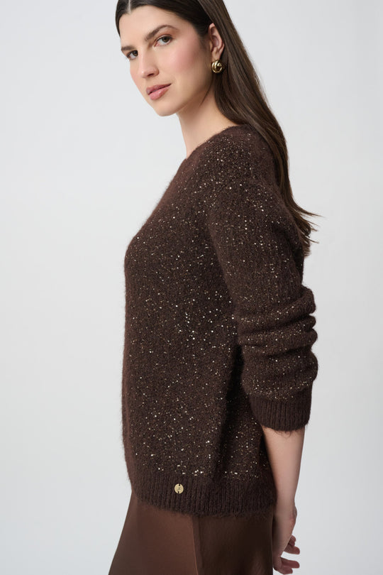 Joseph Ribkoff mahogany brown sequin yarn crewneck sweater shown on model, side view
