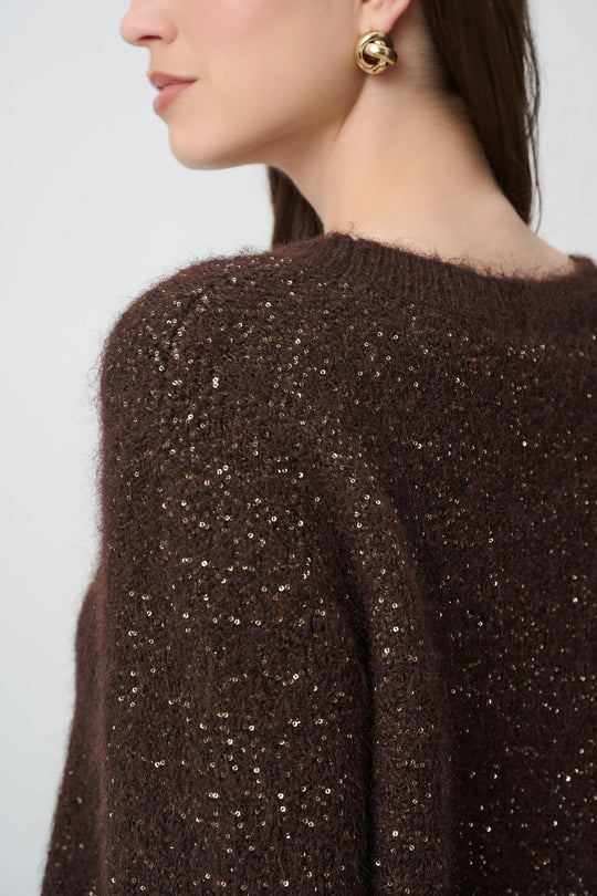 Joseph Ribkoff mahogany sequin yarn crewneck sweater close-up detail on model