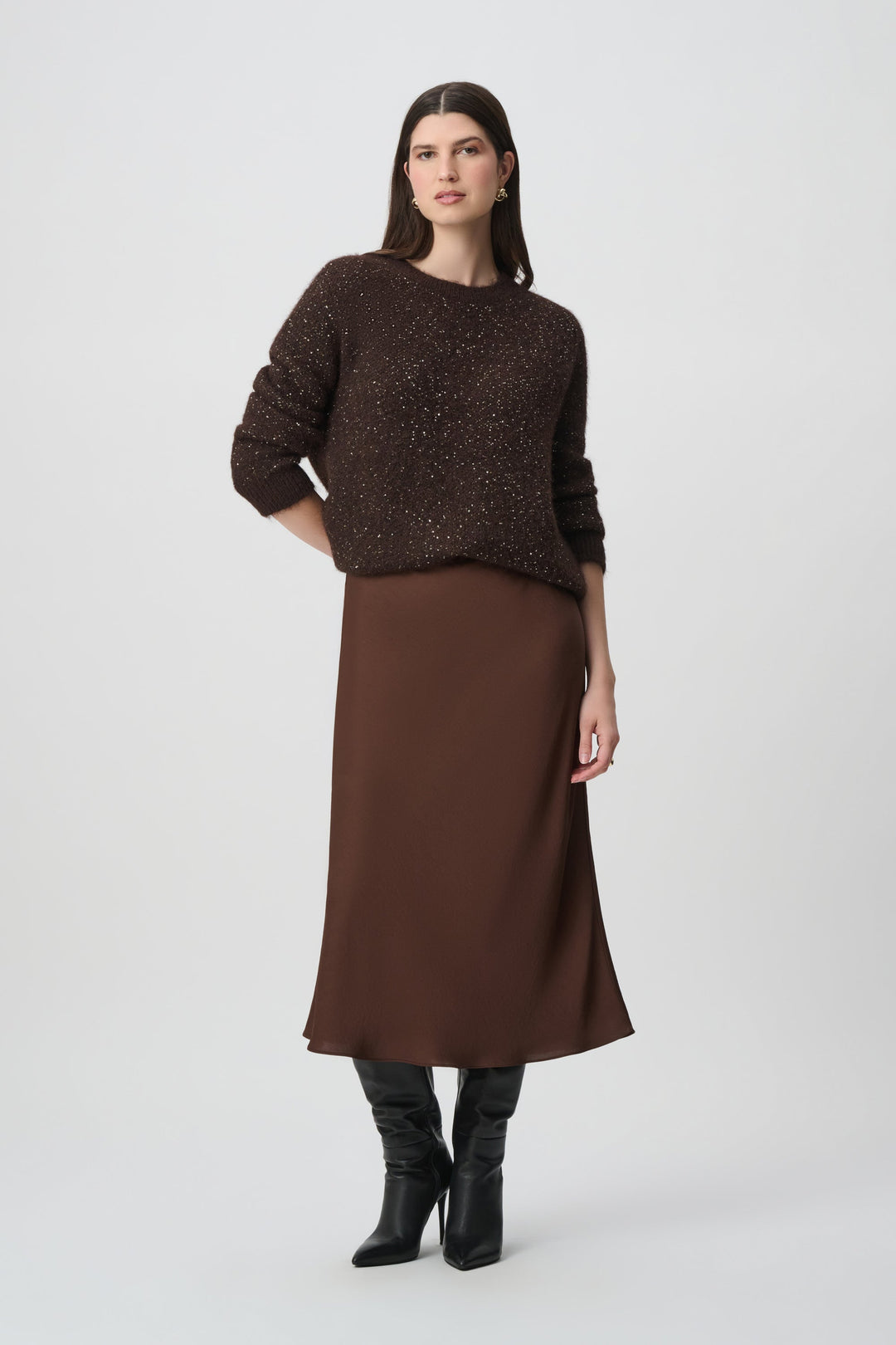 Joseph Ribkoff mahogany sequin yarn crewneck sweater styled with matching satin midi skirt and black boots