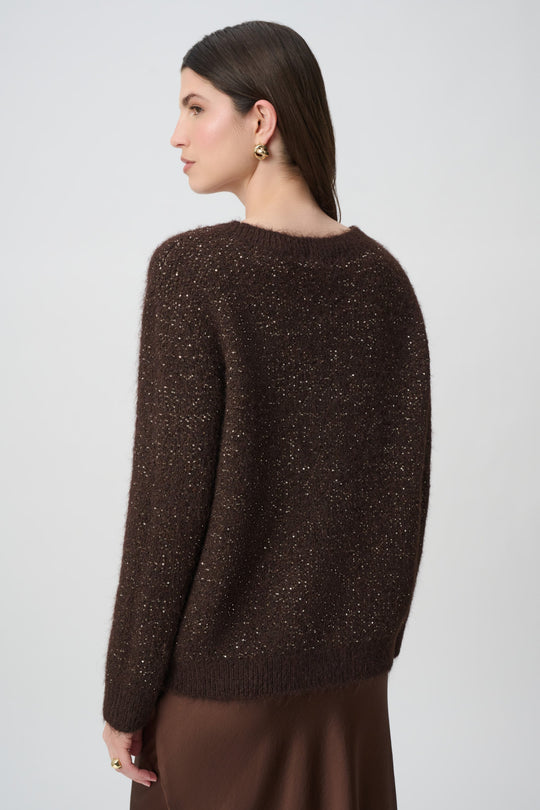 Joseph Ribkoff mahogany sequin yarn crewneck sweater shown from the back on a model